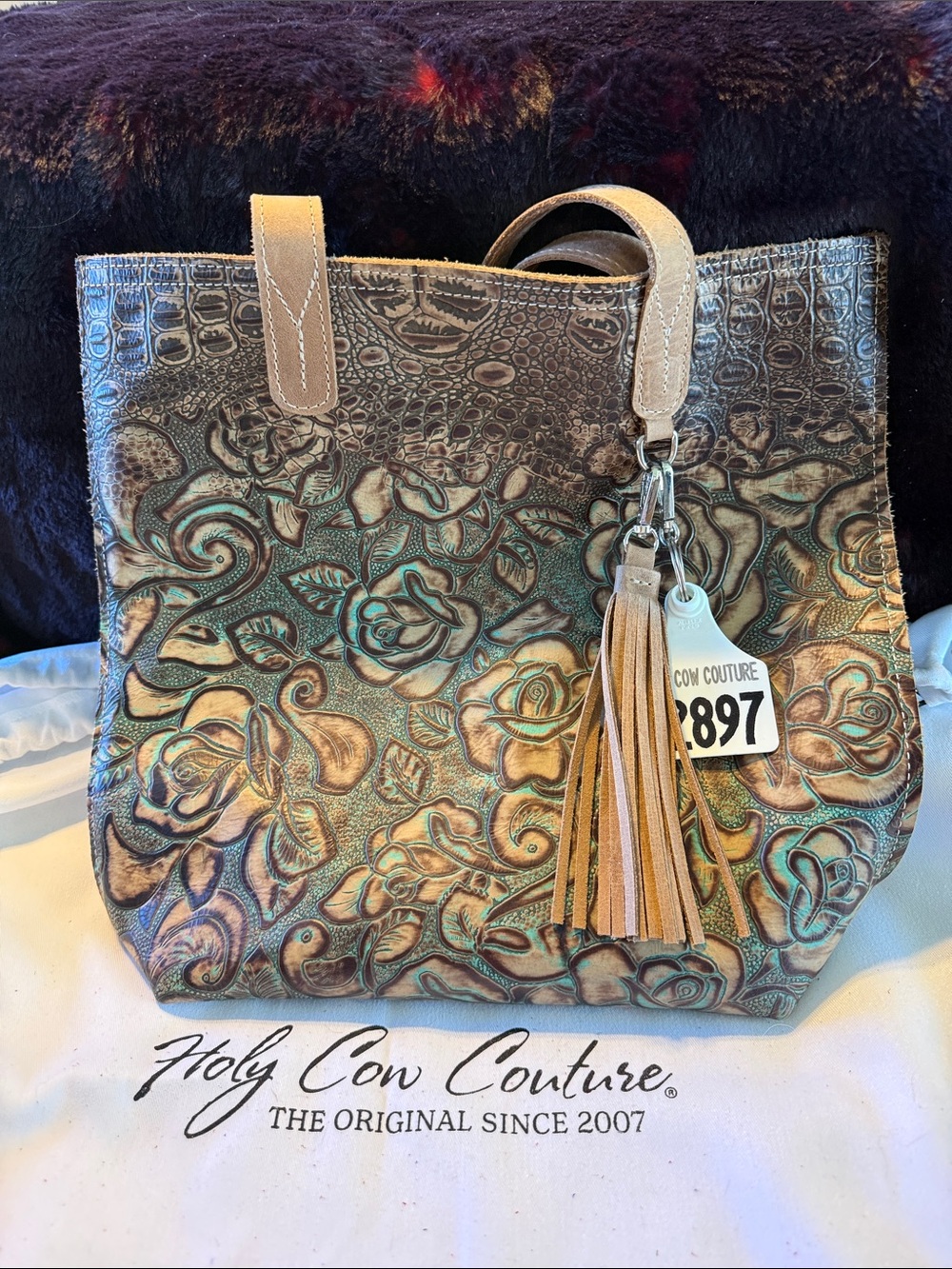 Market Tote Holy Cow Couture Teal Floral Embossed Tote with Tan Suede Handles